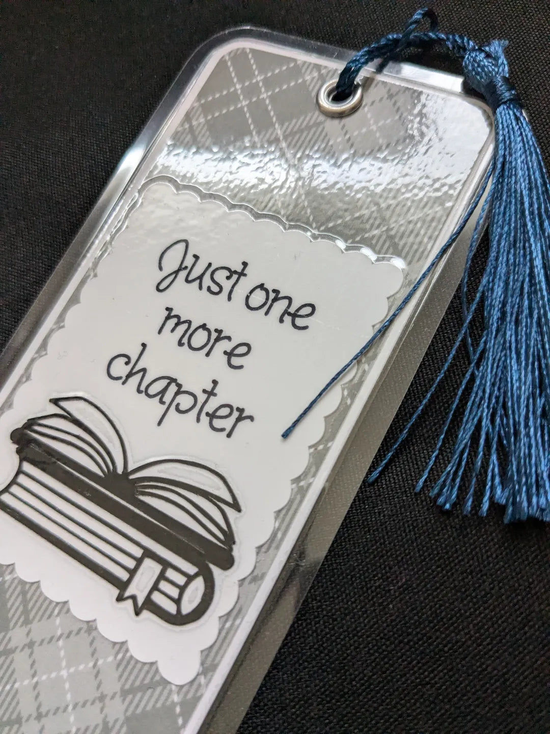 Just One More Chapter Gray Plaid Laminated Bookmark
