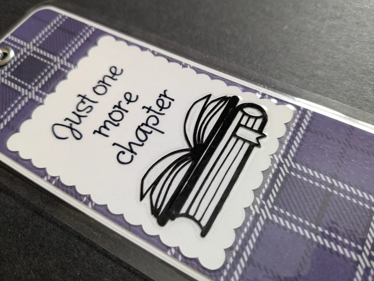 Just One More Chapter Purple Plaid Laminated Bookmark