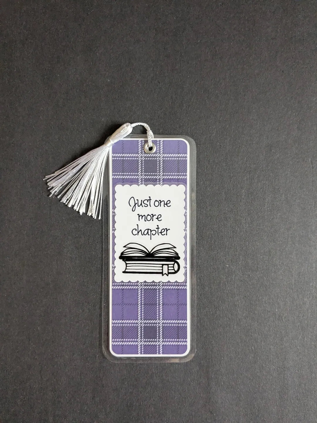 Just One More Chapter Purple Plaid Laminated Bookmark