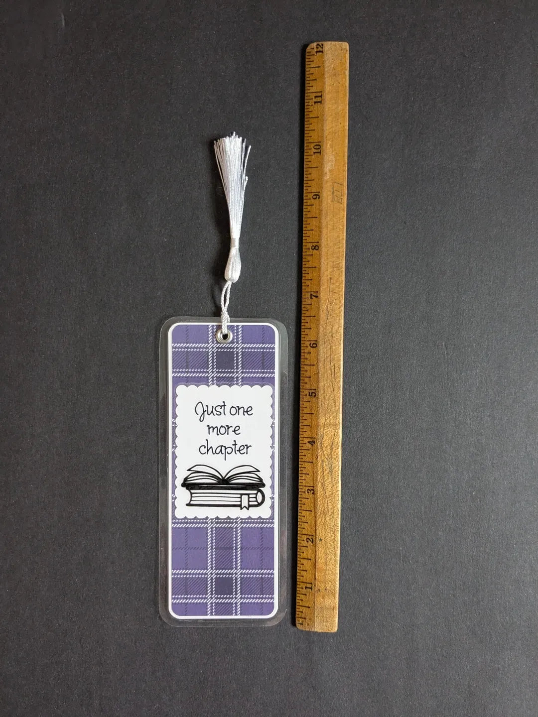 Just One More Chapter Purple Plaid Laminated Bookmark