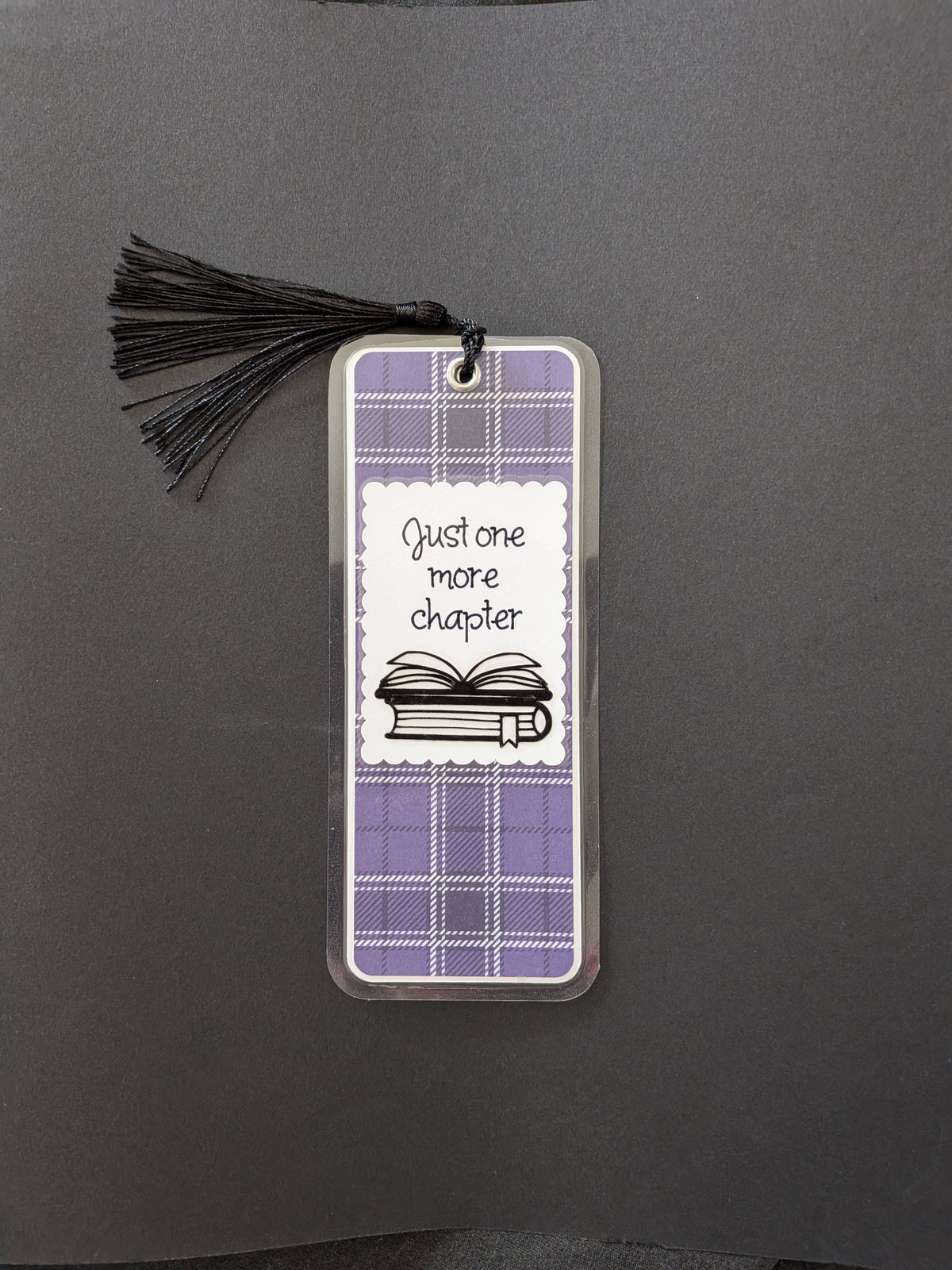 Just One More Chapter Purple Plaid Laminated Bookmark